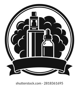Black and white emblem logo featuring an electronic cigarette mod device and e-liquid bottle with smoke cloud background. Ideal for vape shop branding and labels.