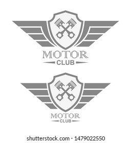Black and white emblem of the motor club. Shield pistons and wings with text