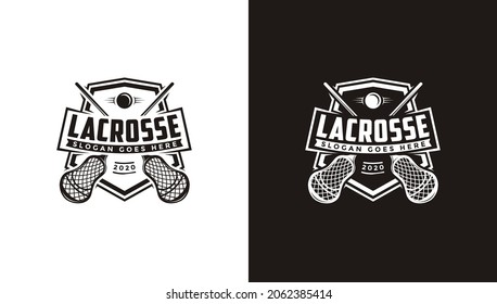 Black and white Emblem seal badge lacrosse sport logo with crossed lacrosse and shield vector icon