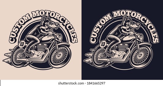 A black and white emblem with a wolf on a motorcycle for a biker theme, this design can be used as shirt print, as a logotype, and for many other uses.