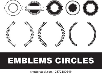 Black and white emblems, circular logos, minimalist design, laurel wreaths, geometric shapes, vintage stamps, heraldic symbols, monochrome badges, clean lines, sharp contrast, vector graphics