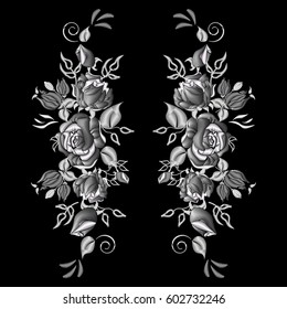 Black and white embroidery roses, wood carving, scheme