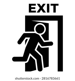 Black and white emergency exit sign showing a running person pictogram escaping through a doorway. Ideal for safety signage, building evacuation plans, and protocols.