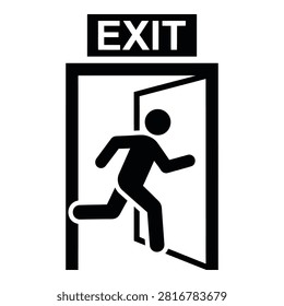 Black and white emergency exit sign showing a running person icon escaping through an open door. Essential safety signage for public buildings, offices, and fire exits.