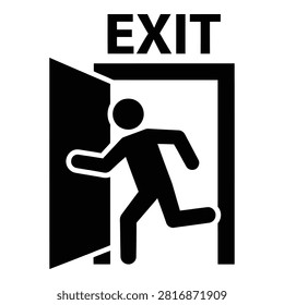 Black and white emergency exit sign featuring a running man icon passing through an open door. Essential safety signage for public buildings, offices and commercial use.