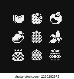 Black and white emoji, pixel art 1-bit fruits icons set, strawberries, dragon fruit, banana, apple, pineapple and raspbaerry. Design for logo, sticker and mobile app. Isolated vector illustration.