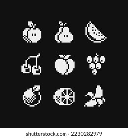 Emoji blanco y negro, imágenes en píxeles de frutas de 1 bit de iconos, pera, uvas, plátano, manzana y cereza. Diseño para logotipo, sticker y aplicación móvil. Ilustración vectorial aislada.