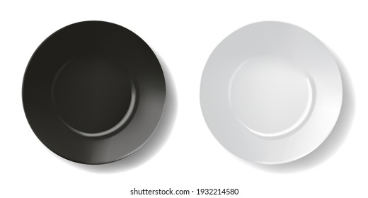 Black and white empty bowl or soup plate on white background. Ceramic tableware, round melamine dishes, realistic design. Vector for kitchen, restaurant, cooking illustration, mockup for your meal.