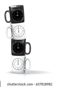 Black and white empty mugs with clock pattern on white background. Cups of coffee. a concept of coffee all time. Vector illustration.