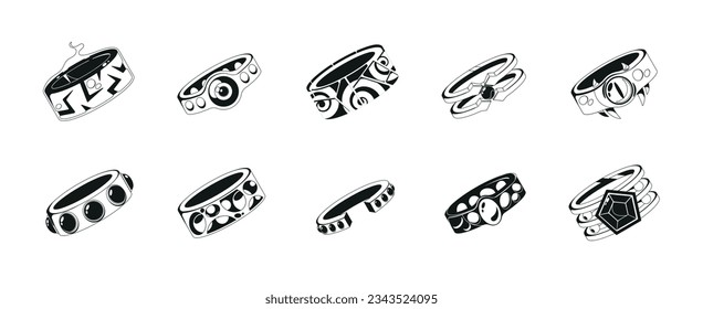 Black and White Enchanting Rings With Mystical Powers Isolated Icons, Featured In Folklore And Mythology, Vector