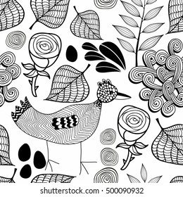 Black and white endless background with nature elements and doodle bird. Vector seamless pattern. Hand drawn illustration.