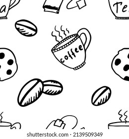 black and white endless doodle pattern of coffee, tea and cookies on a white background.