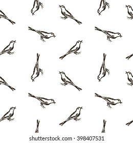 Black and white endless pattern with sketches of birds. Seamless pattern with hand-drawn realistic birds