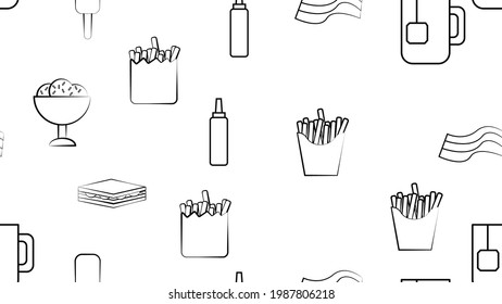 Black and white endless seamless pattern of food and snack items icons set for restaurant bar cafe: fries, sandwich, ketchup, ice cream, tea, bacon. The background