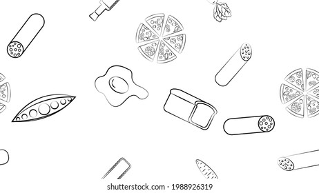 Black and white endless seamless pattern of food and snack items icons set for restaurant bar cafe: pizza, sausage, olive oil, bread, egg, peas, carrots. The background