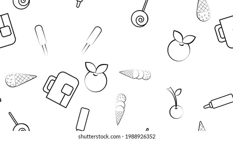 Black and white endless seamless pattern of food and snack items icons set for restaurant bar cafe: ice cream, candy, berry, ketchup, cherry, tea. The background
