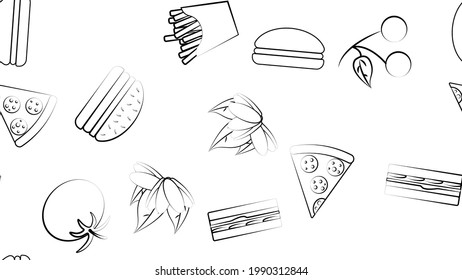 Black and white endless seamless pattern of food and snack items icons set for restaurant bar cafe: fries, burger, pistachios, pizza, sandwich, tomato, cherry. The background