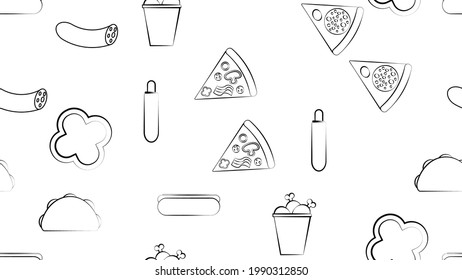 Black and white endless seamless pattern of food and snack items icons set for restaurant bar cafe: pizza, hot dog, burrito, sausage, chicken. The background