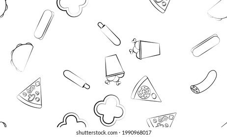 Black and white endless seamless pattern of food and snack items icons set for restaurant bar cafe: pizza, hot dog, burrito, sausage, chicken. The background