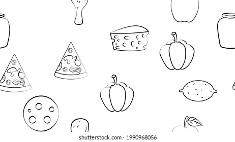 Black and white endless seamless pattern of food and snack items icons set for restaurant bar cafe: lemon, apple, chicken, cheese, pizza, sausage, can, pepper. The background