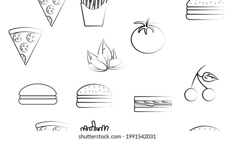 Black and white endless seamless pattern of food and snack items icons set for restaurant bar cafe: fries, burger, pistachios, pizza, sandwich, tomato, cherry. The background