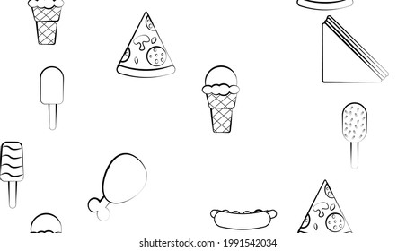 Black and white endless seamless pattern of food and snack items icons set for restaurant bar cafe: hot dog, sandwich, ice cream, chicken, pizza. The background