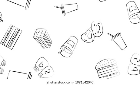 Black and white endless seamless pattern of food and snack items icons set for restaurant bar cafe: egg, mushroom, fish, canned food, onion, pizza, greens. The background