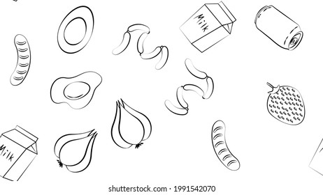 Black and white endless seamless pattern of food and snack items icons set for restaurant bar cafe: sausages, soda, sausage, egg, garlic, milk, strawberry. The background