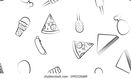 Black and white endless seamless pattern of food and snack items icons set for restaurant bar cafe: hot dog, sandwich, ice cream, chicken, pizza. The background