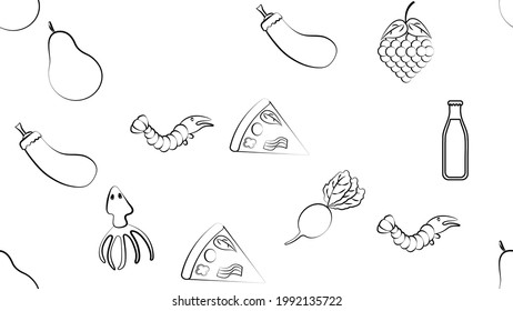 Black and white endless seamless pattern of food and snack item icons set for restaurant bar cafe: shrimp, pizza, grapes, radish, soda, squid, pear. The background