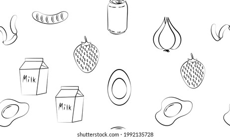 Black and white endless seamless pattern of food and snack items icons set for restaurant bar cafe: sausages, soda, sausage, egg, garlic, milk, strawberry. The background
