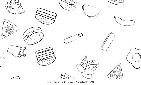 Black and white endless seamless pattern of food and snack items icons set for restaurant bar cafe: burgers, nuts, pizza, cheese, hot dog, burinno, chicken. The background