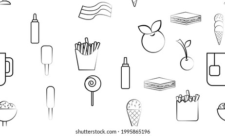 Black and white endless seamless pattern of food and snack items icons set for restaurant bar cafe: fries, sandwich, ice cream, berries, tea. The background