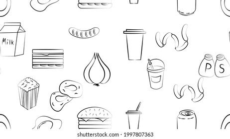 Black and white endless seamless pattern of food and snack items icons set for restaurant bar cafe: sandwich, burger, soda, drink, popcorn, lemonade, sausage. The background