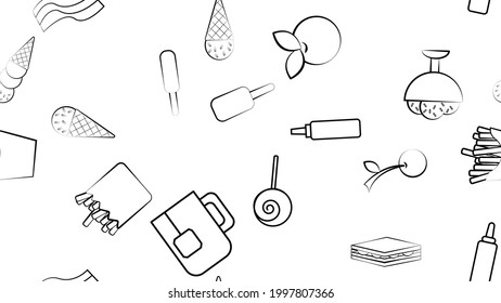 Black and white endless seamless pattern of food and snack items icons set for restaurant bar cafe: fries, sandwich, ice cream, berries, tea. The background