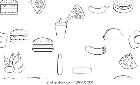 Black and white endless seamless pattern of food and snack items icons set for restaurant bar cafe: burgers, nuts, pizza, cheese, hot dog, burinno, chicken. The background