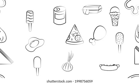 Black and white endless seamless pattern of food and snack items icons set for restaurant bar cafe: hot dog, sandwich, pizza, ice cream, eggs, fish. The background