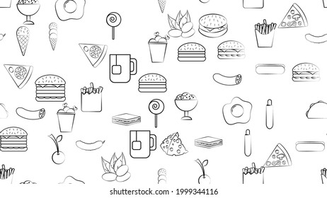 Black and white endless seamless pattern of food and snack items icons set for restaurant bar cafe: burger, nuts, egg, sausage, ice cream, pizza, burrito, candy, tea. The background