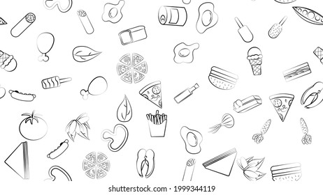 Black and white endless seamless pattern of food and snack items icons set for restaurant bar cafe: hot dog, ice cream, greens, chicken, fries, eggs, pizza, fish, canned food, eggs. The background