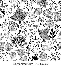Black and white endless wallpaper with cute birds and doodle plants. Vector illustration.