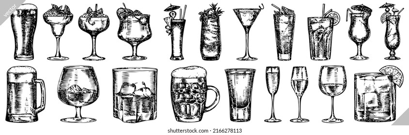 black and white engrave isolated drink set vector illustration