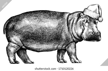 black and white engrave isolated hippo illustration vector art