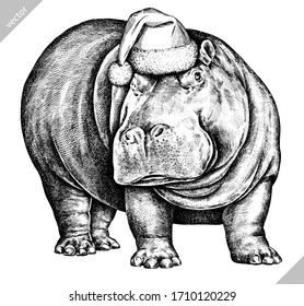 black and white engrave isolated hippo illustration vector art