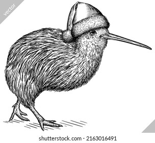 black and white engrave isolated Kiwi bird vector illustration