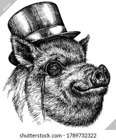 black and white engrave isolated pig vector illustration