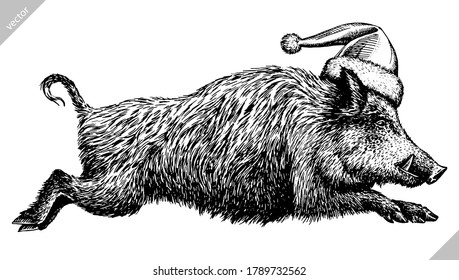 black and white engrave isolated pig vector illustration