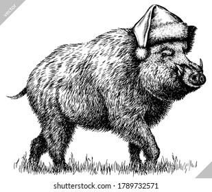 black and white engrave isolated pig vector illustration