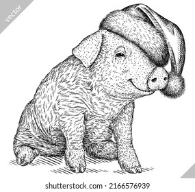 black and white engrave isolated pig vector christmas illustration