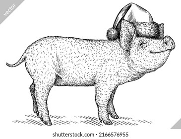 black and white engrave isolated pig vector christmas illustration