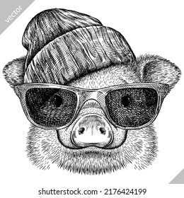 black and white engrave isolated pig vector illustration